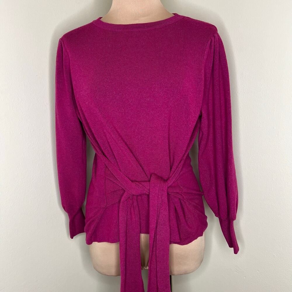 Nanette Lepore Sweater Large Women Pink Tie Back Crew Neck Knit Puff Sleeve Chic